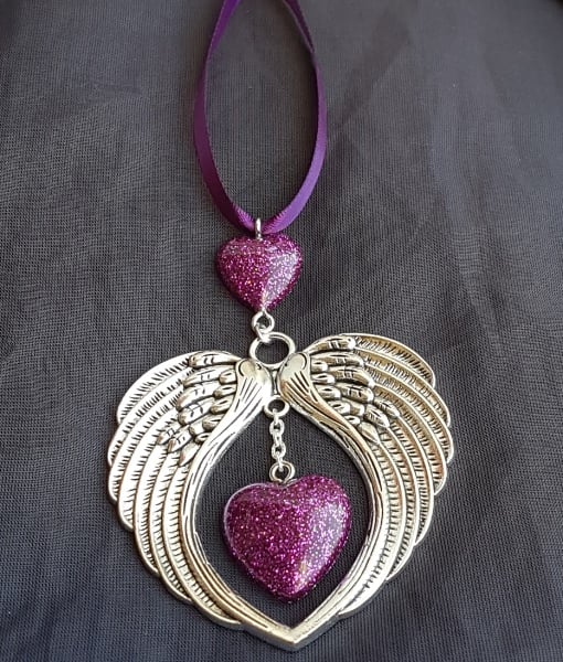 Gorgeous Angel Wings Ornament with Glittery Purple Hearts.