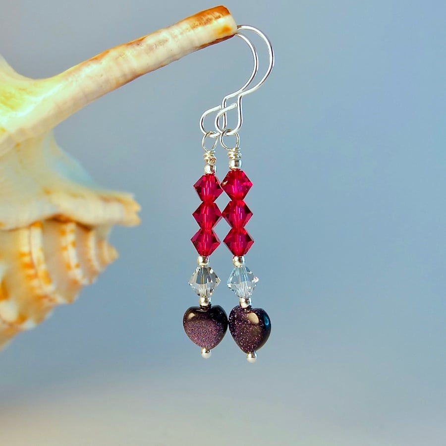 Blue Goldstone Heart Earrings With Red Crystal, Birthday, Anniversary Gifts 
