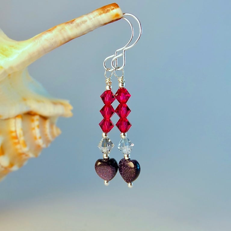 Blue Goldstone Heart Earrings With Red Crystal, Birthday, Anniversary Gifts 