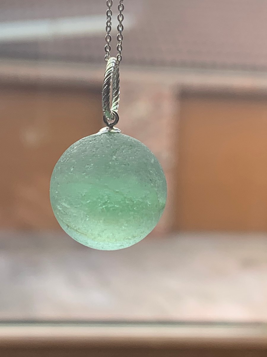 Sterling silver & leafgreen seaglass marble pendant.