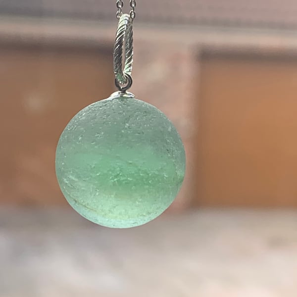 Sterling silver & leafgreen seaglass marble pendant.