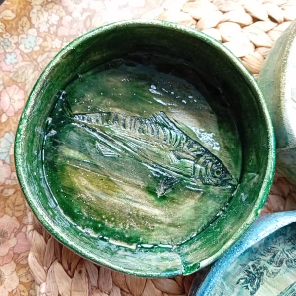 Rustic wood fired pet food bowl cat mackerel dark green second