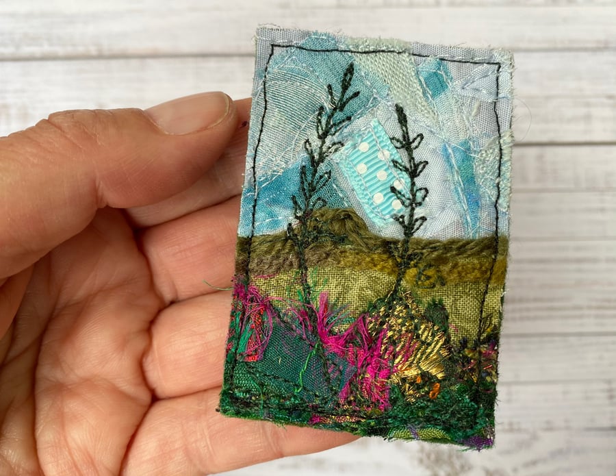 Up-cycled embroidered hedgerow brooch pin or badge. 