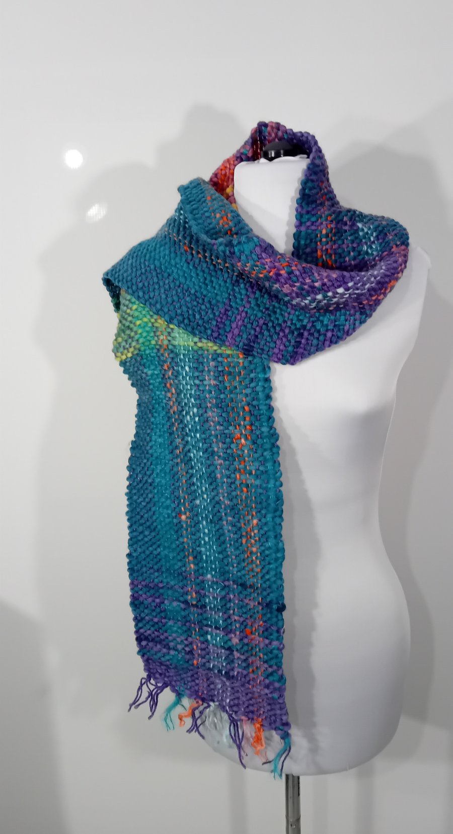 Handwoven Multicoloured Textured Scarf in a Mix of Synthetic Yarn..