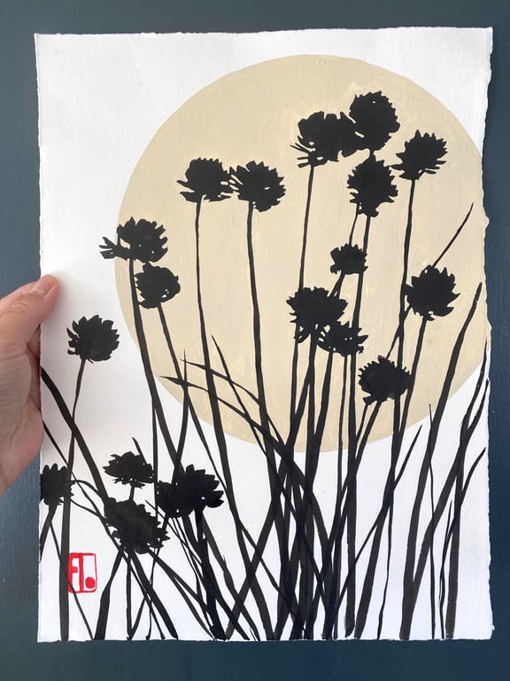Garden painting, Chives, Original art, handmade paper, signed 