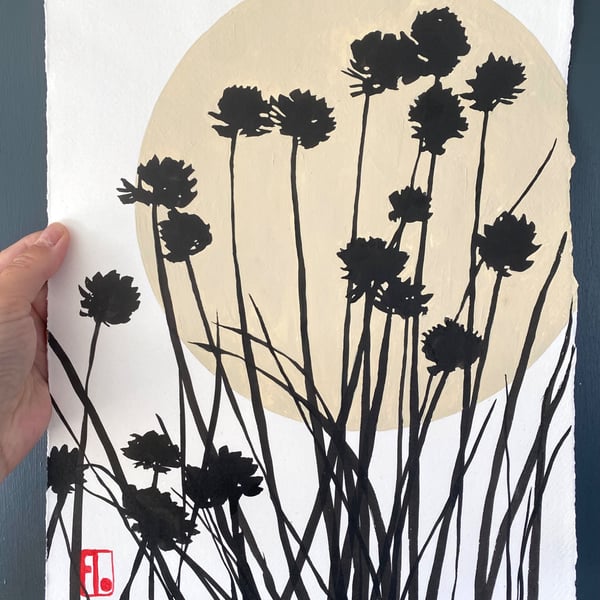 Garden painting, Chives, Original art, handmade paper, signed 