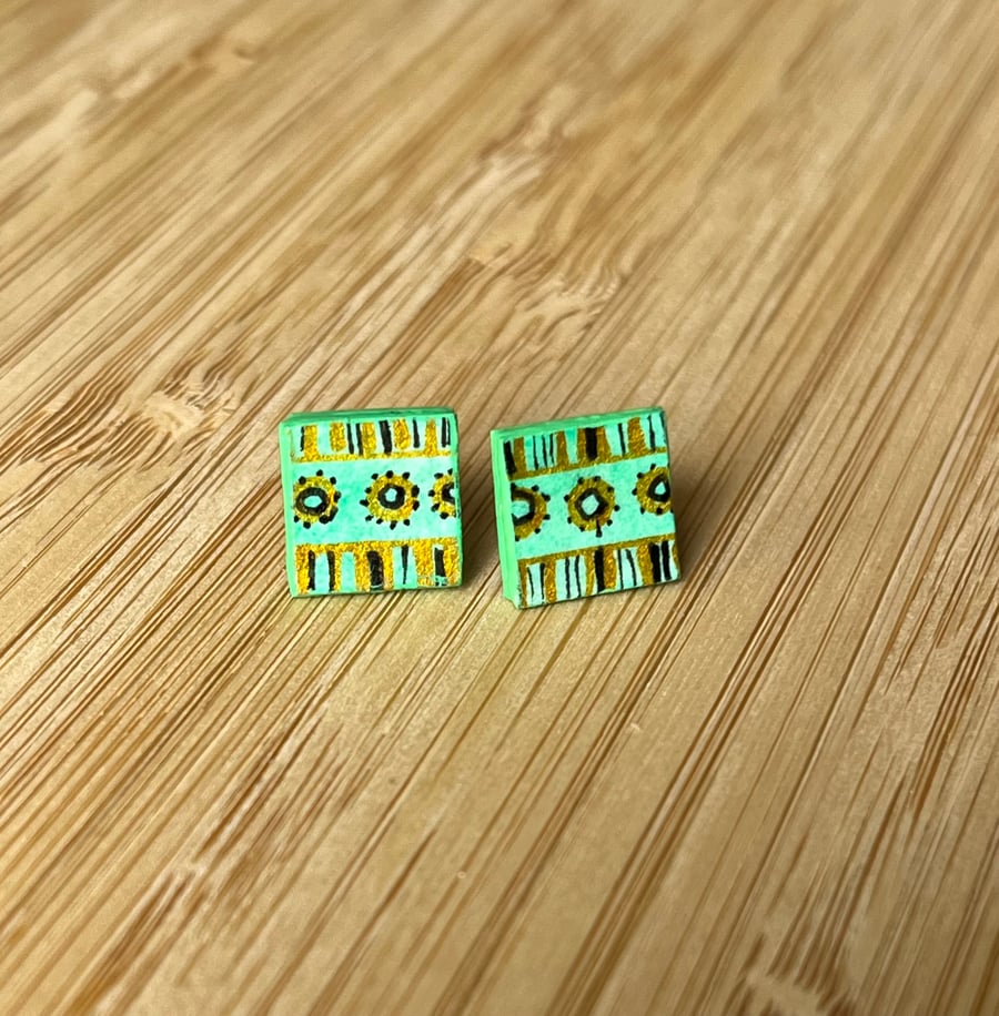 1 CM Square Stud Hand-painted Paper Earrings