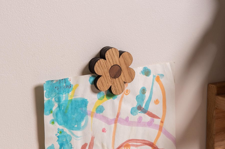 Flower Wall Magnet - Oak and Walnut. For Holding Children's Artwork, Posters.