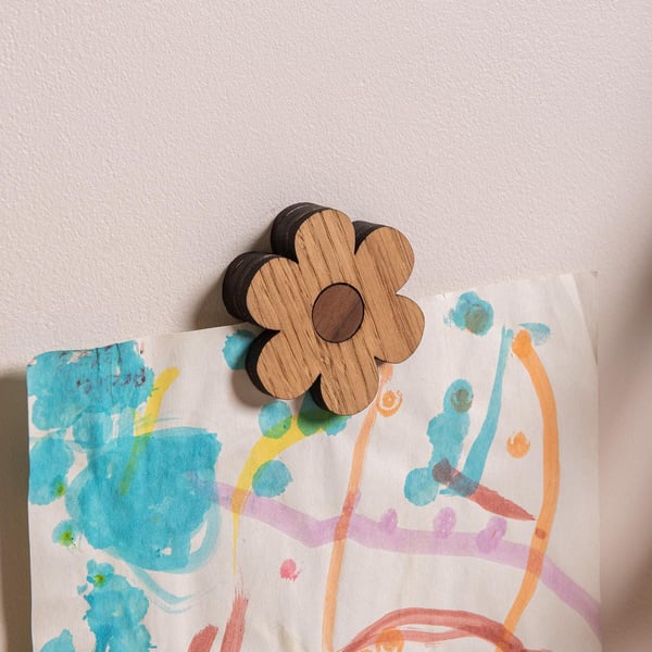 Flower Wall Magnet - Oak and Walnut. For Holding Children's Artwork, Posters.