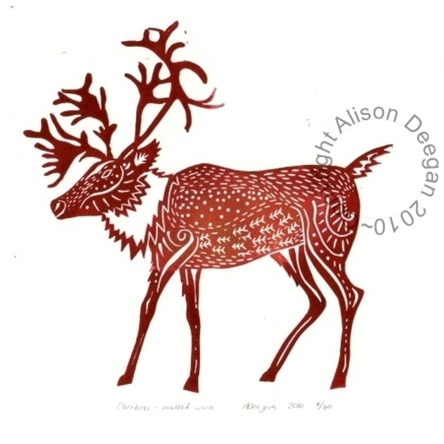 Original lino cut print "Caribou - Mulled Wine"