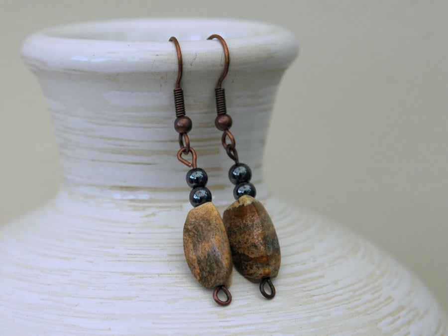 Picture Jasper and Haematite Dangle Earrings,  E107