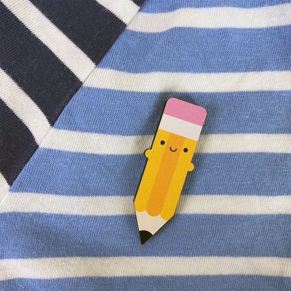 Happy Pencil Kawaii Wooden Pin or Brooch