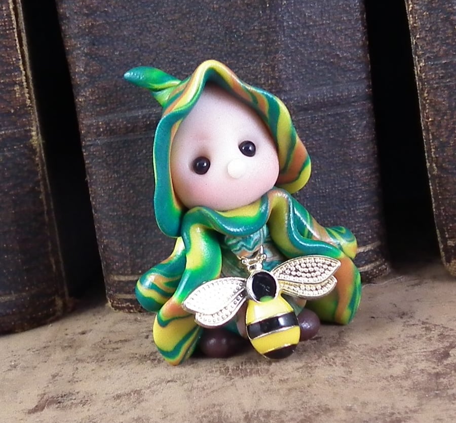 Sale Tiny Garden Gnome 'Harly' with bee OOAK Sculpt by Ann Galvin
