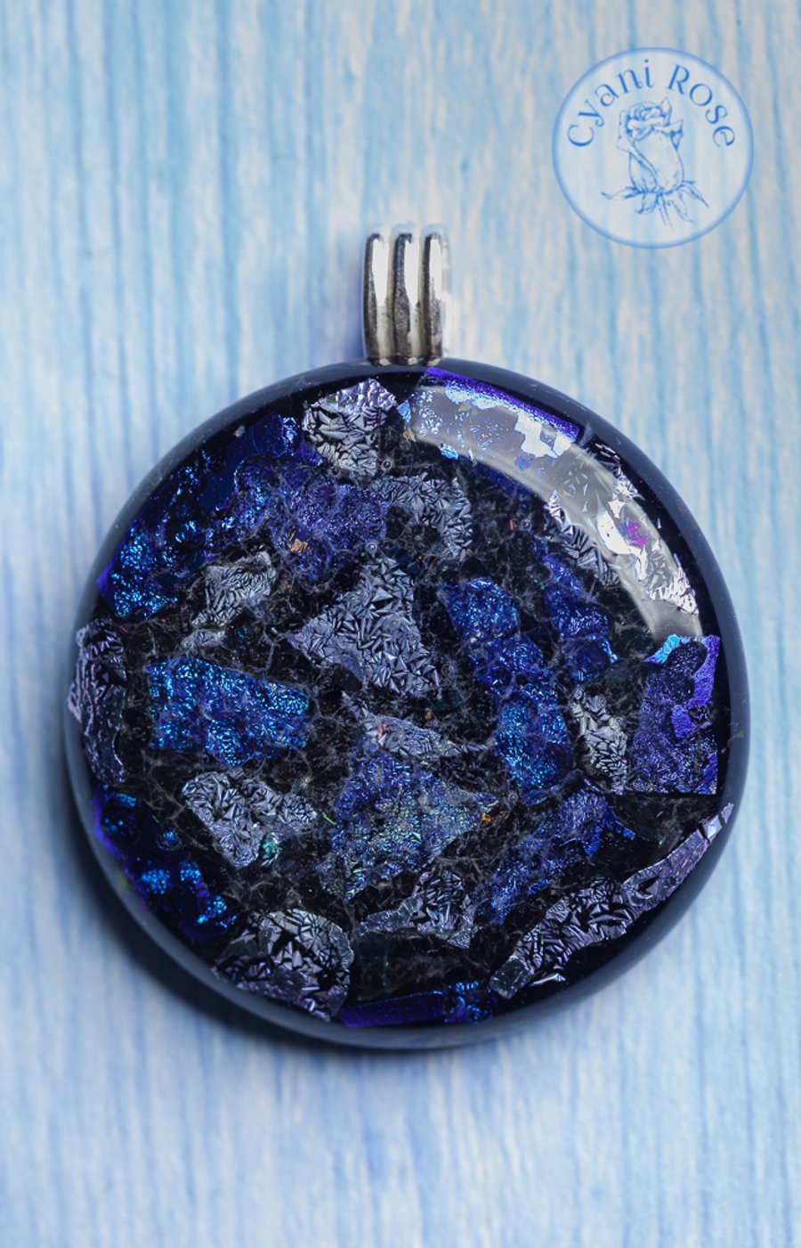 Beautiful fused grass dichroic round pendant blues purples sparkly