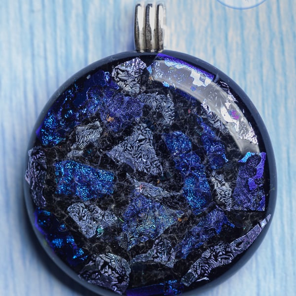 Beautiful fused grass dichroic round pendant blues purples sparkly