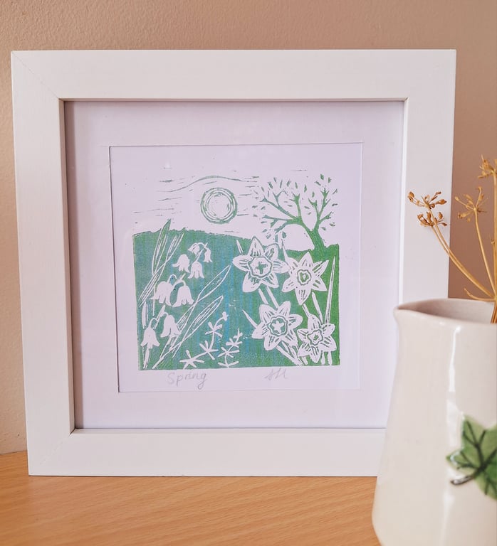 An original handprinted linoprint of a spring scene. 'Spring'.