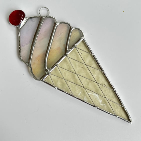 Stained Glass Ice Cream Suncatcher  - Handmade Hanging Decoration - white irr