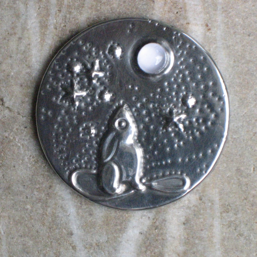 Moongazing Hare Silver Pewter Brooch with Moonstone