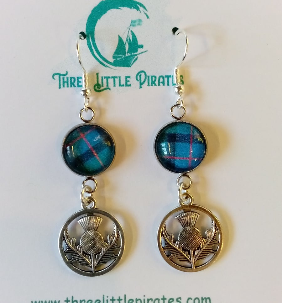Tartan thistle dangly earrings, Flower of Scotland plaid, handmade in Scotland