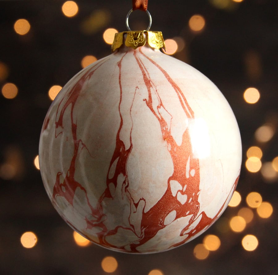 Neutral copper and cream marbled ceramic Christmas decoration luxury bauble 