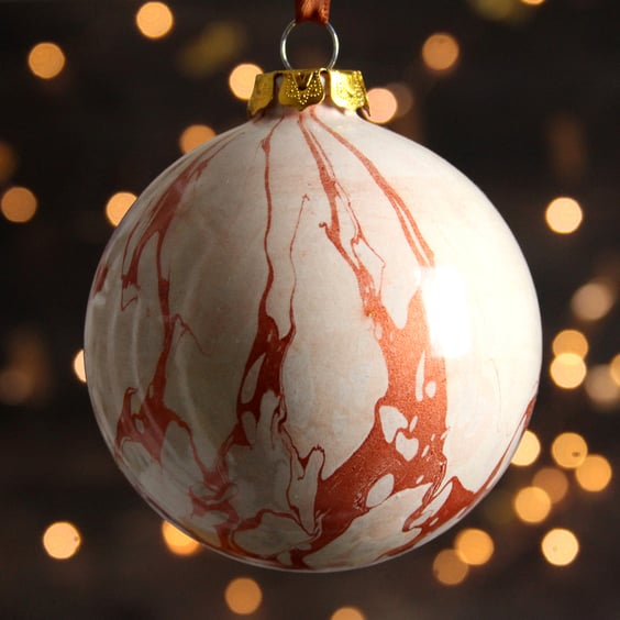 Neutral copper and cream marbled ceramic Christmas decoration luxury bauble 