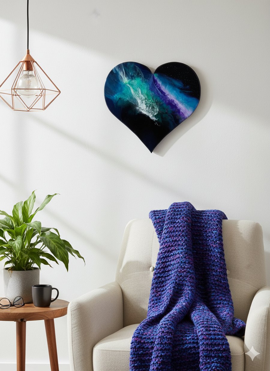 Celestial Heart – Heart-Shaped Resin Wall Art,  43cm Abstract Resin Painting