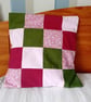 Patchwork cushion cover in olive green, crimson and pink.  - Image 1