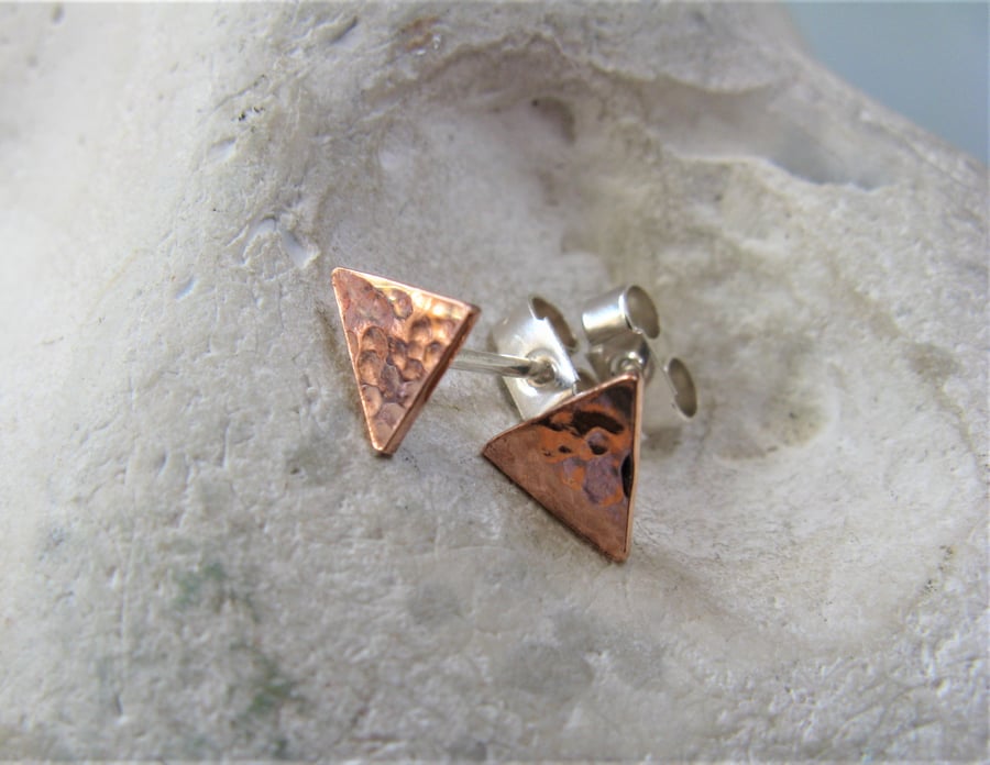 Copper triangle earrings with silver posts