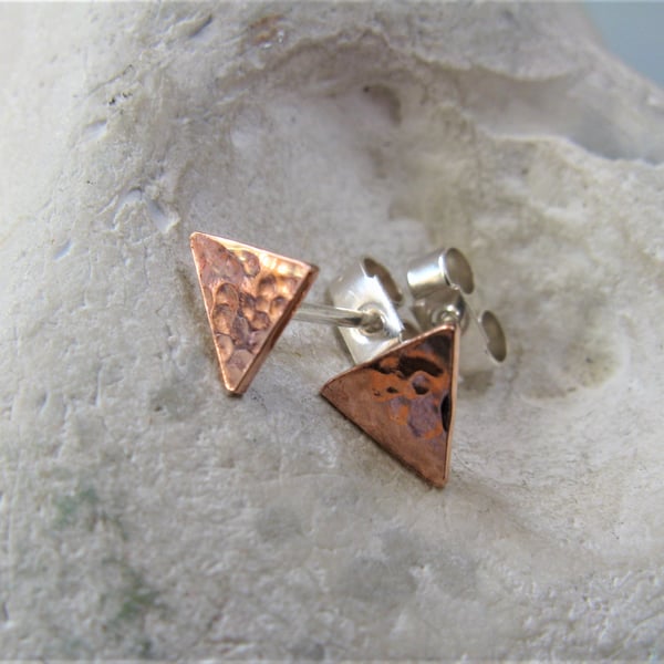 Copper triangle earrings with silver posts