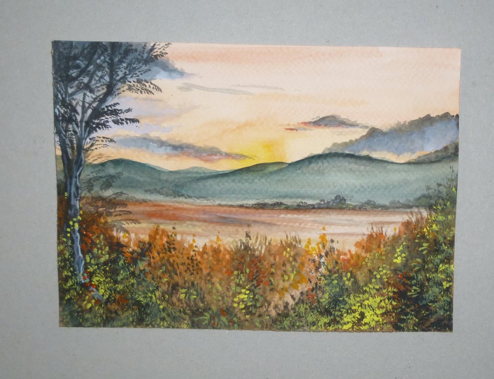 original art watercolour landscape sunset painting ( ref FA 438 G3 )