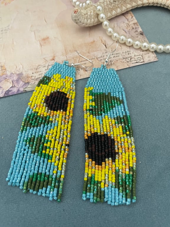 Beaded fringe earrings, Sunflower design, boho dangle fringe earrings, gift her