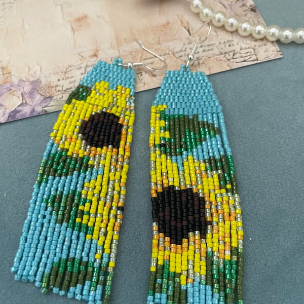 Beaded fringe earrings, Sunflower design, boho dangle fringe earrings, gift her