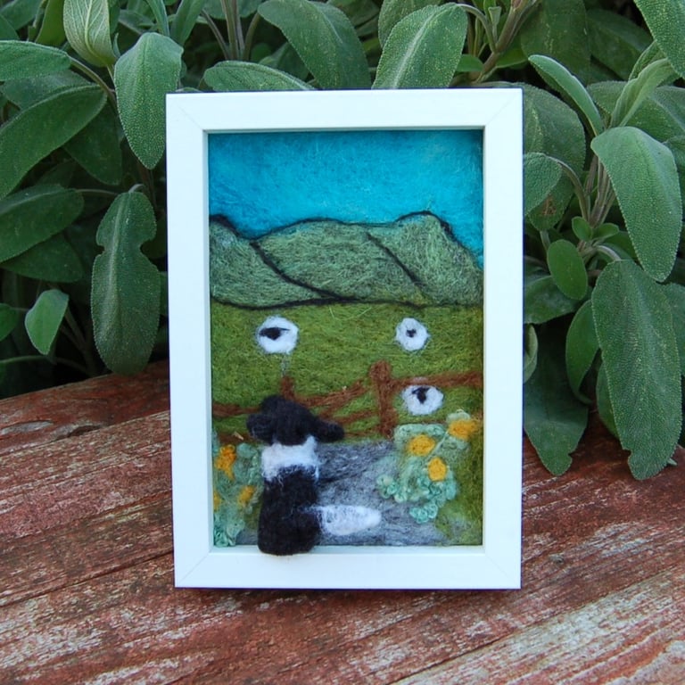  Needle felt picture - Border Collie watching  sheep .  