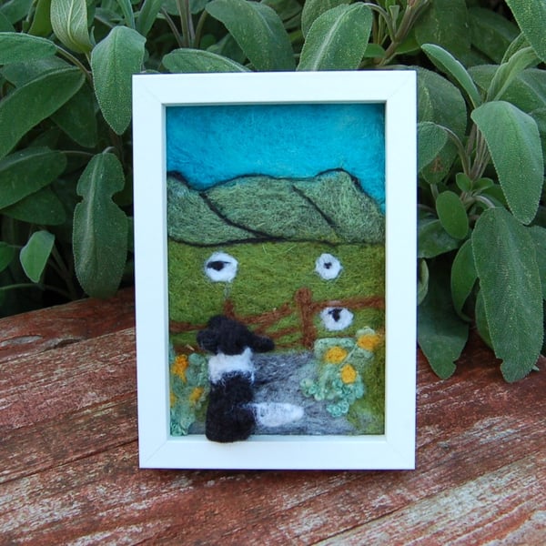  Needle felt picture - Border Collie watching  sheep .  