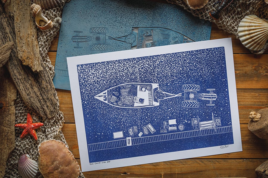 Cromer crab boat - original linocut print - A3