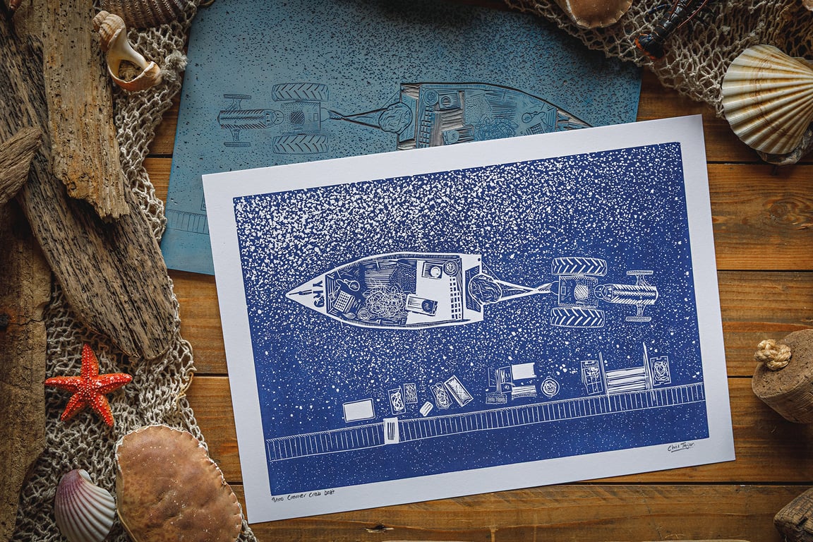 Cromer crab boat - original linocut print - A3