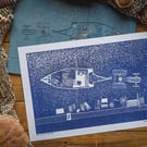 Cromer crab boat - original linocut print - A3