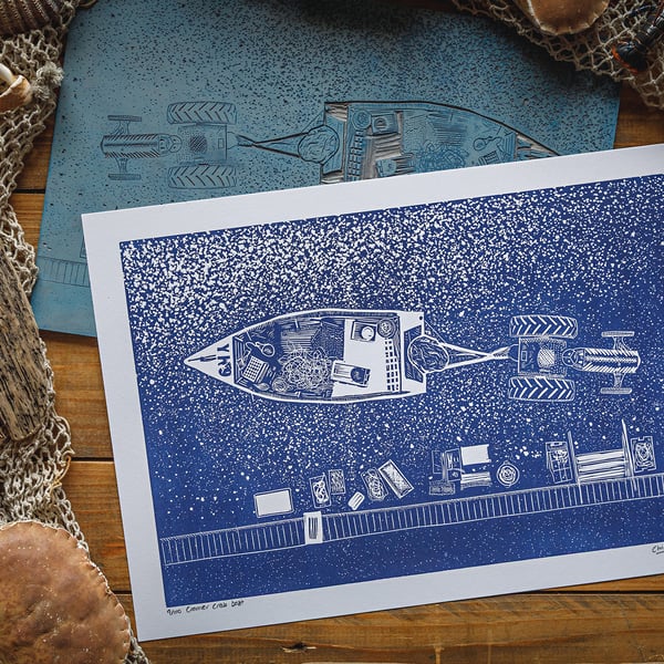 Cromer crab boat - original linocut print - A3