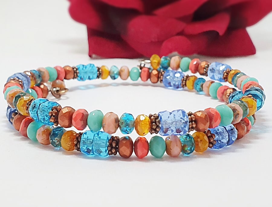 Colourful and sparkly slim beaded Czech glass wrap bracelet