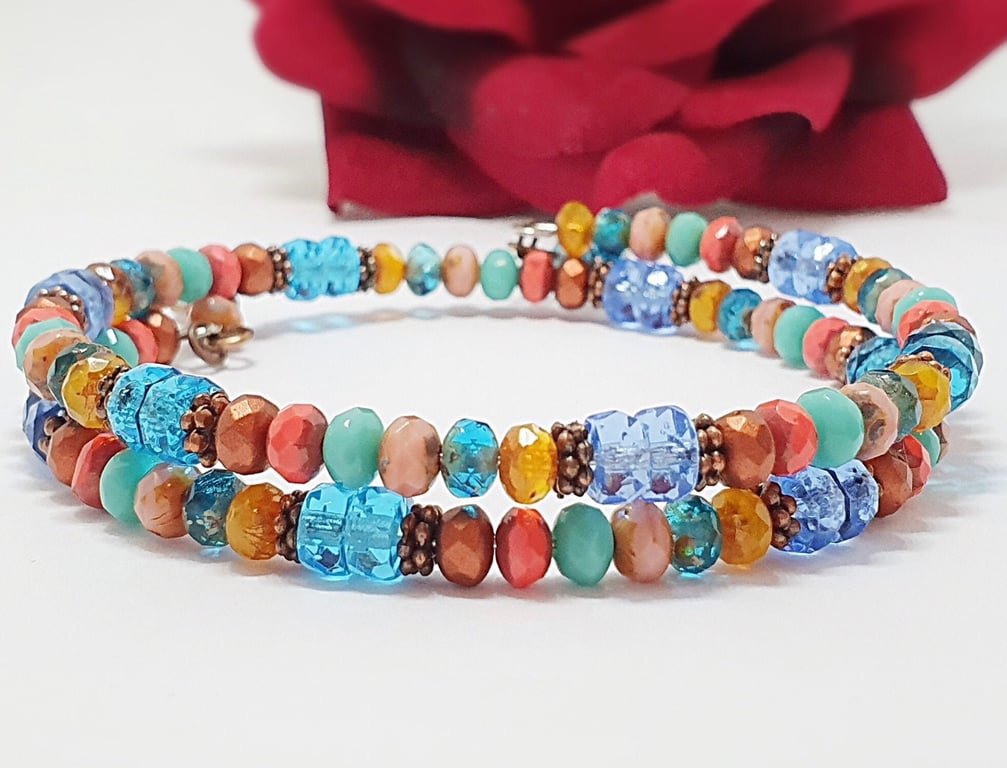 Colourful and sparkly slim beaded Czech glass wrap bracelet