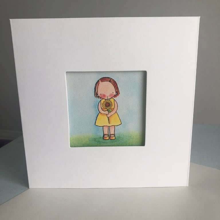 Birthday Card and Mother's Day Card with Girl holding a Sunflower Flower