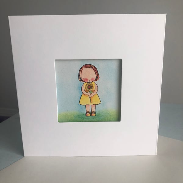 Birthday Card and Mother's Day Card with Girl holding a Sunflower Flower