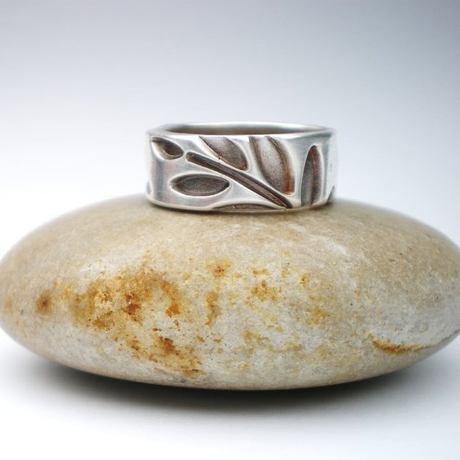 Falling Branch Leaves Silver Ring 