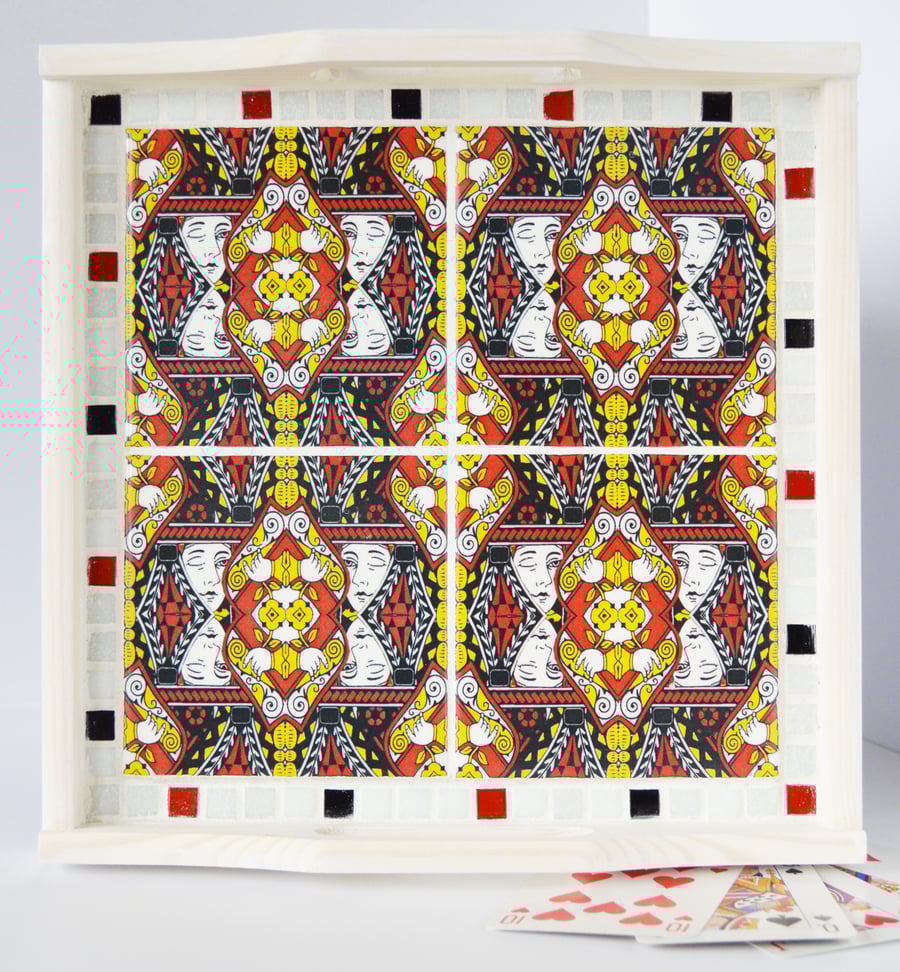 Queen Playing Card Design Tile and Mosaic White Washed Wooden Tray