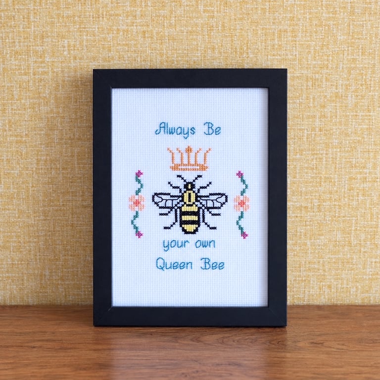 Always Be Your Own Queen Bee – Handmade Framed Cross Stitch Gift 5x7