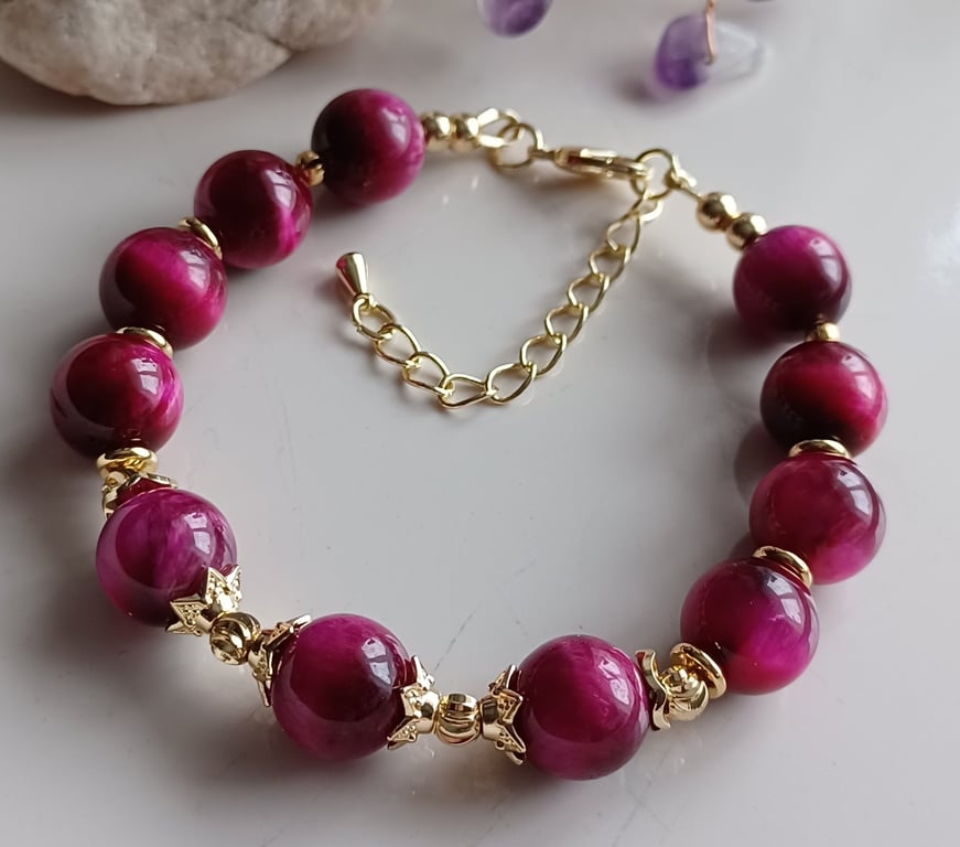Fuchsia Tiger's Eye Gold-Plated Bracelet, Adjustable Handmade Gemstone Jeweller