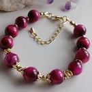 Fuchsia Tiger's Eye Gold-Plated Bracelet, Adjustable Handmade Gemstone Jeweller
