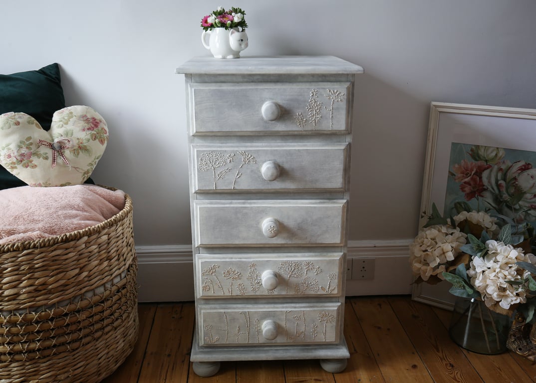 Pine Chest of Drawers with 3D Pearlescent Floral Detail