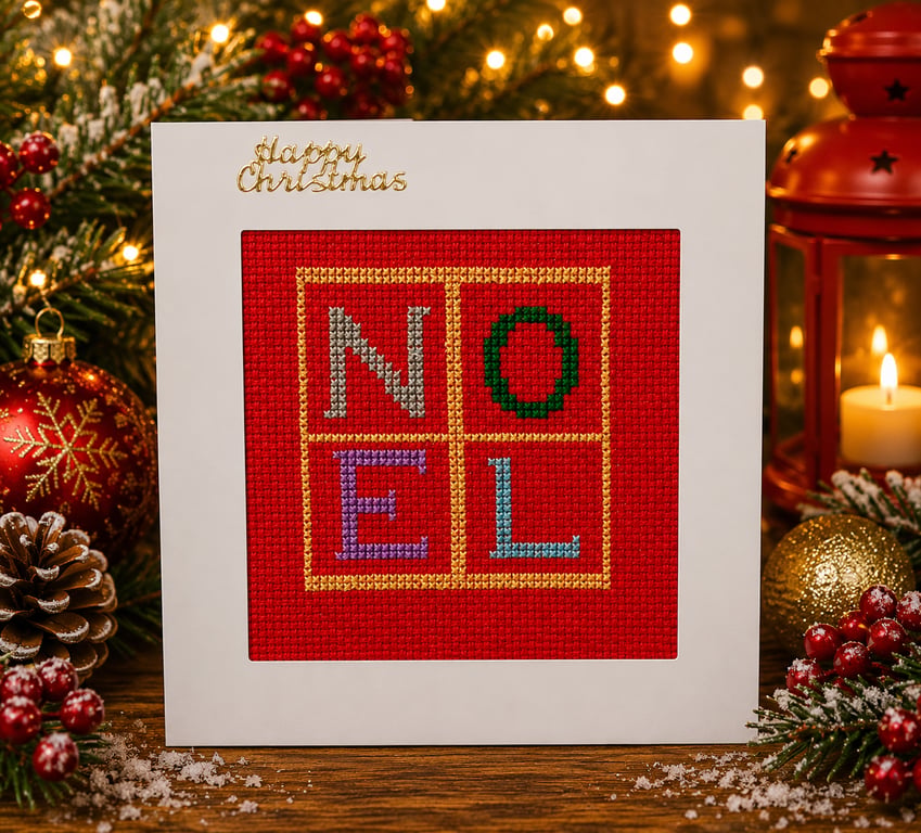 Handmade Cross Stitch NOEL Christmas Card – 6 x 6 Inch