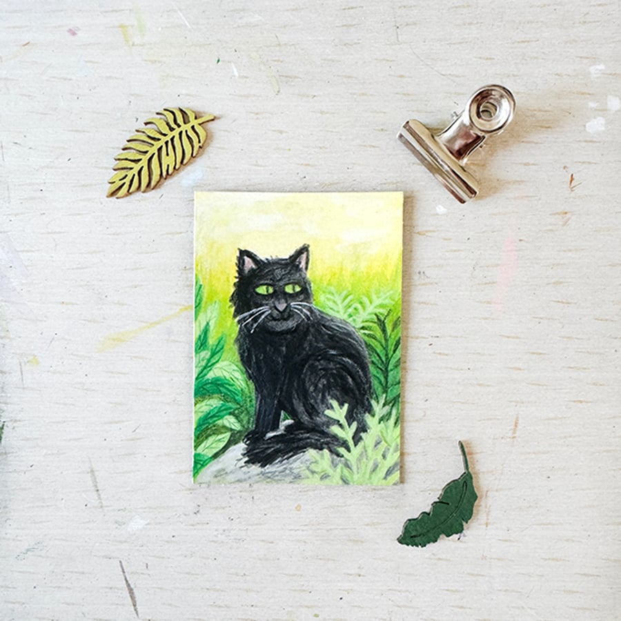 Original Aceo Black Cat Miniature painting - One of a kind